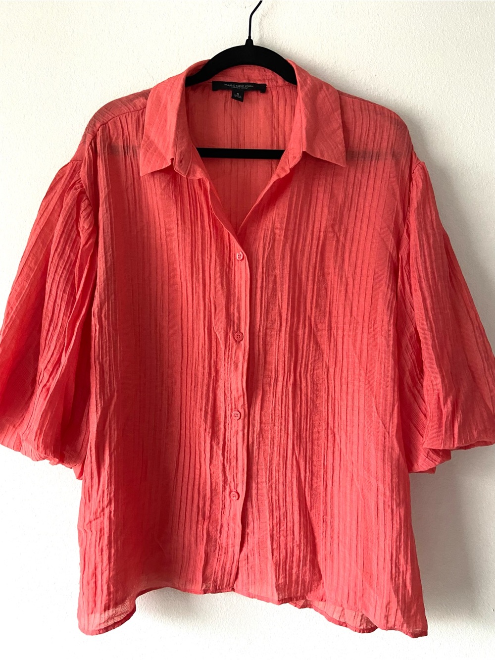 Marc New York Coral Textured Puff Sleeve Button Front Blouse Top Size M